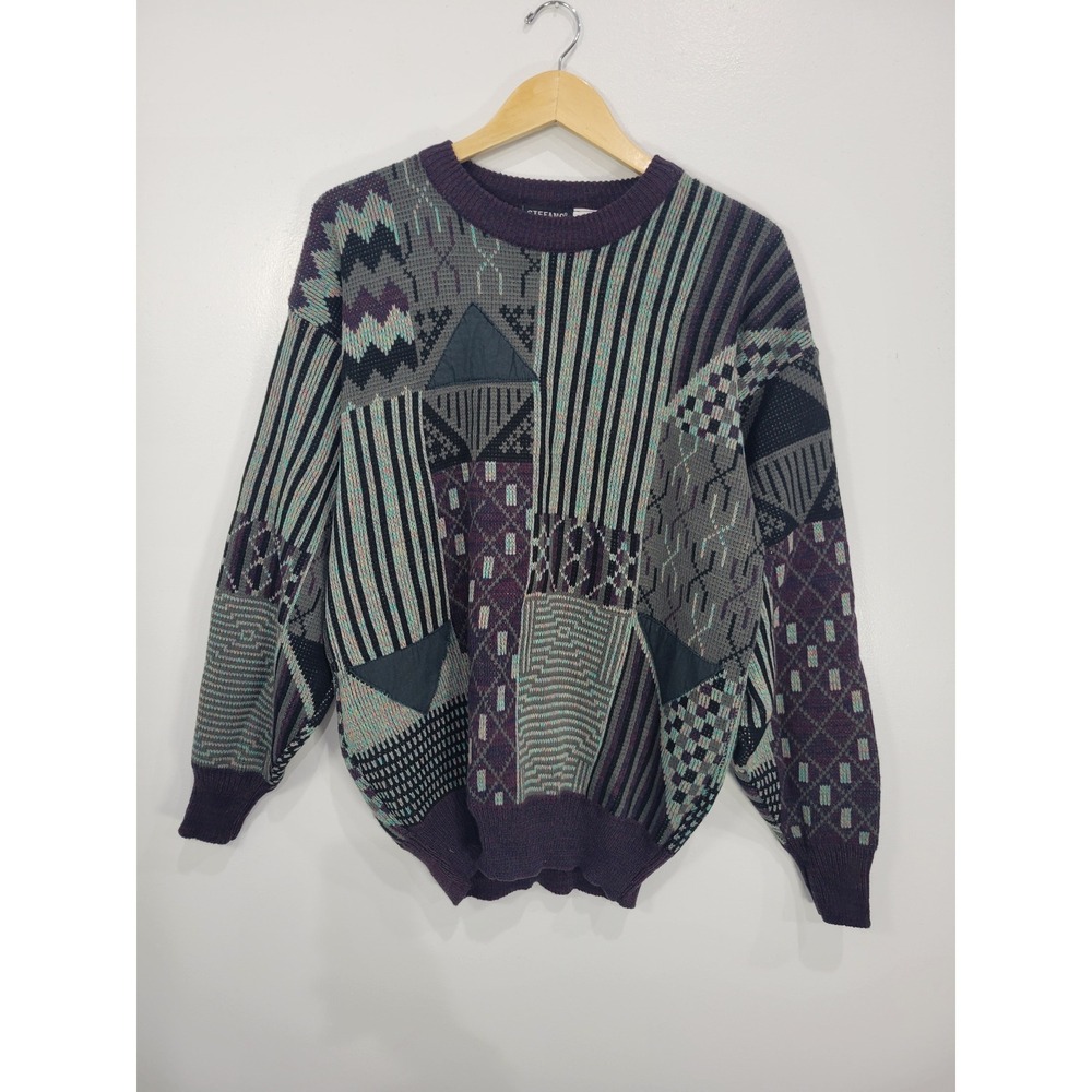 Stefano Man‎ Vintage 90s Patchwork Geometric Knit Sweater Purple Teal Mens XL